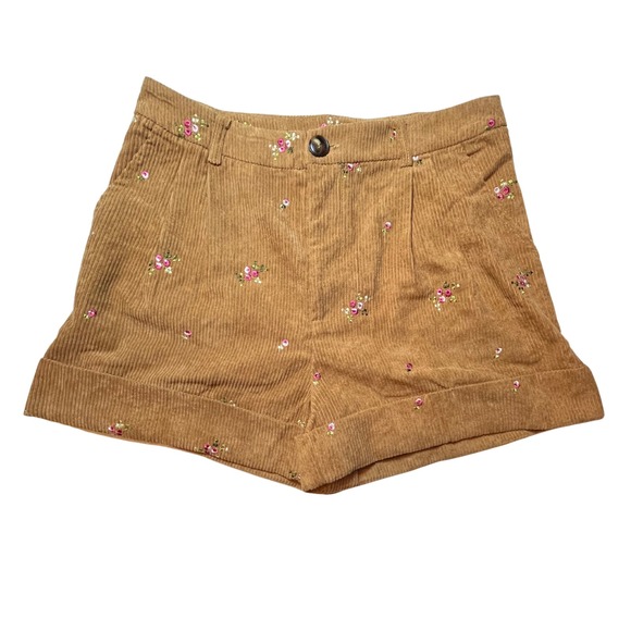 Floral Corduroy Shorts L Brown High-waisted Rolled Hem Embroidered Earthy Fairy - Picture 1 of 16